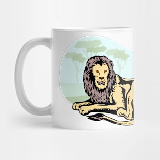 Lion Sitting in Savanna Retro Mug